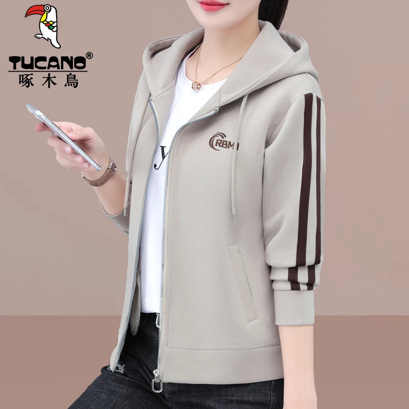 【官方】啄木鸟连帽卫衣外套女春秋新款时尚洋气女士运动开衫上衣