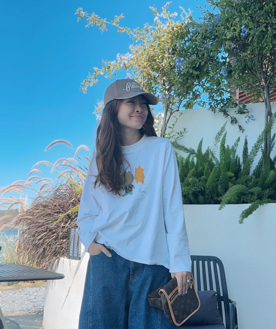 夏小朵 纯色小青蛙长袖T恤 时尚百搭简约休闲宽松长袖T恤