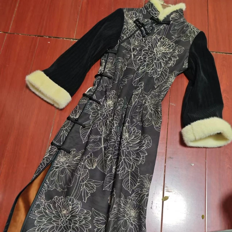 梦路 T596 冬季新款 黑铅笔 裙长115 加绒加厚长袖旗袍