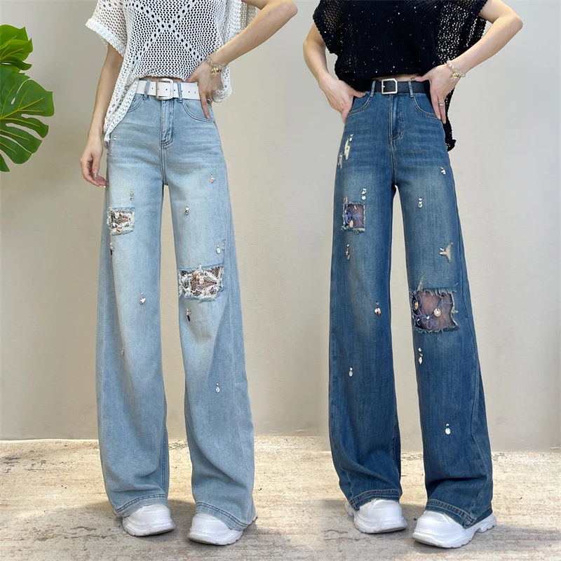 蕾丝破洞天丝莱赛尔窄版直筒牛仔裤女夏季薄款新款高腰宽松阔腿裤