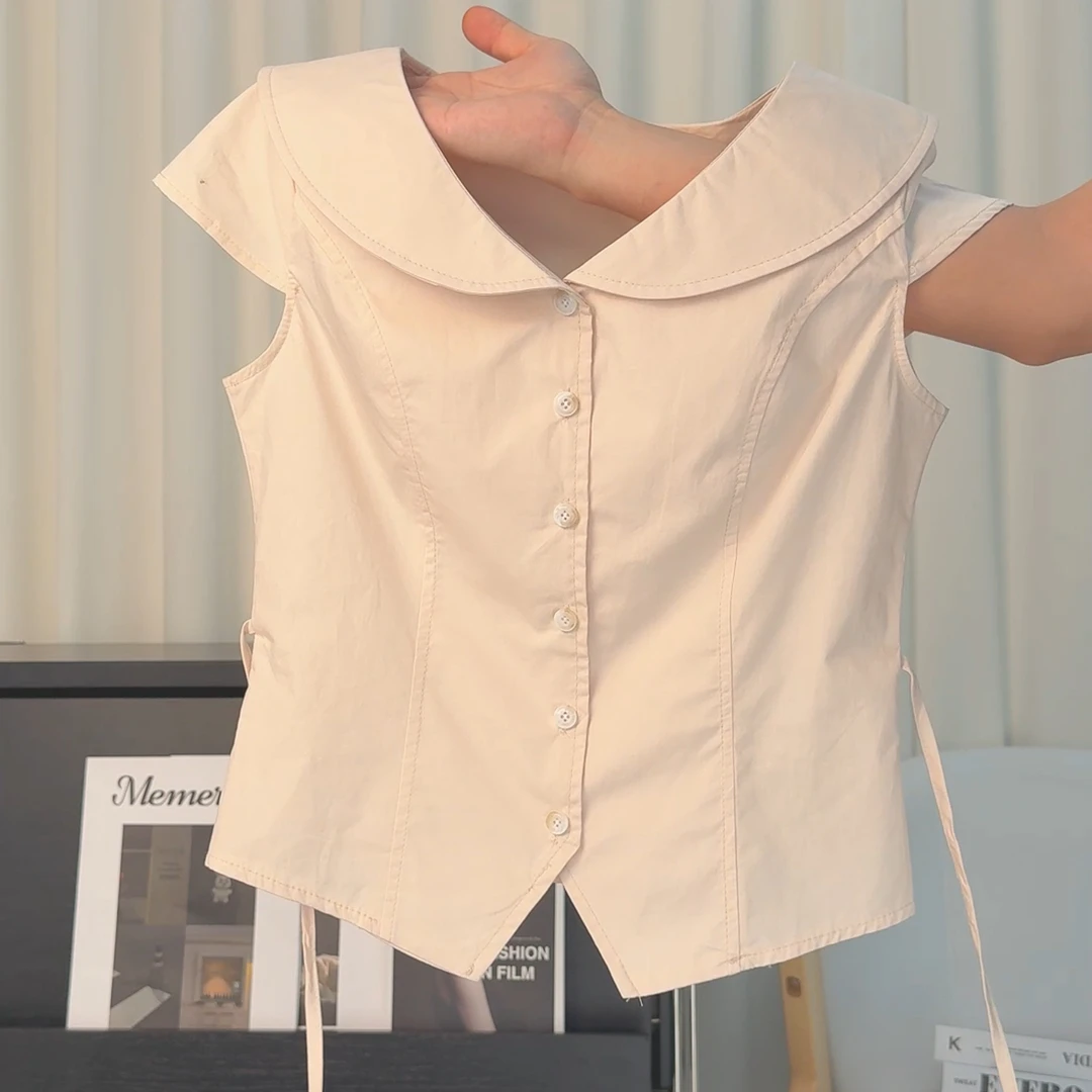 仲夏绵冰纯色大领口翻领短款衬衫白色小众气质衬衣夏季女上衣