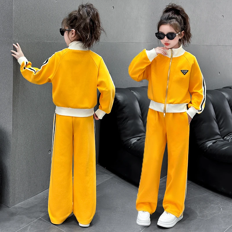 女童休闲运动套装春装3-15岁炸街儿童装立领外套休闲阔腿裤两件套