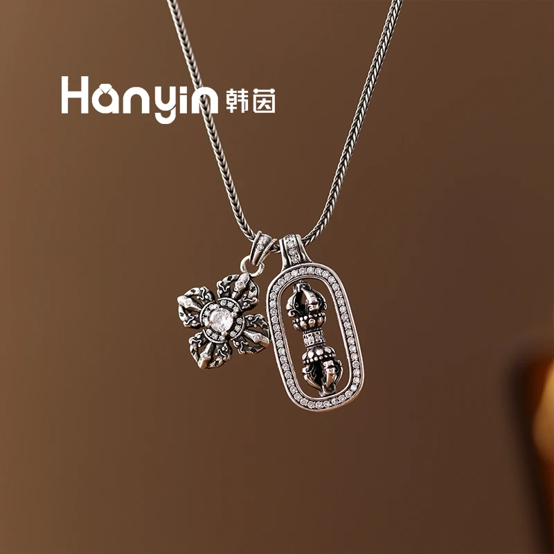 铜合金项链 52cm复古气质微镶可转动十字降魔杵双吊坠项链