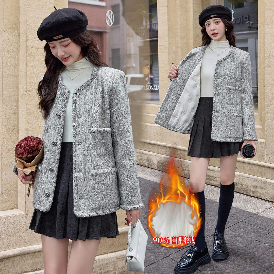 法式小香风羽绒服外套女2025冬季新款优雅大气白鸭绒短款毛呢大衣