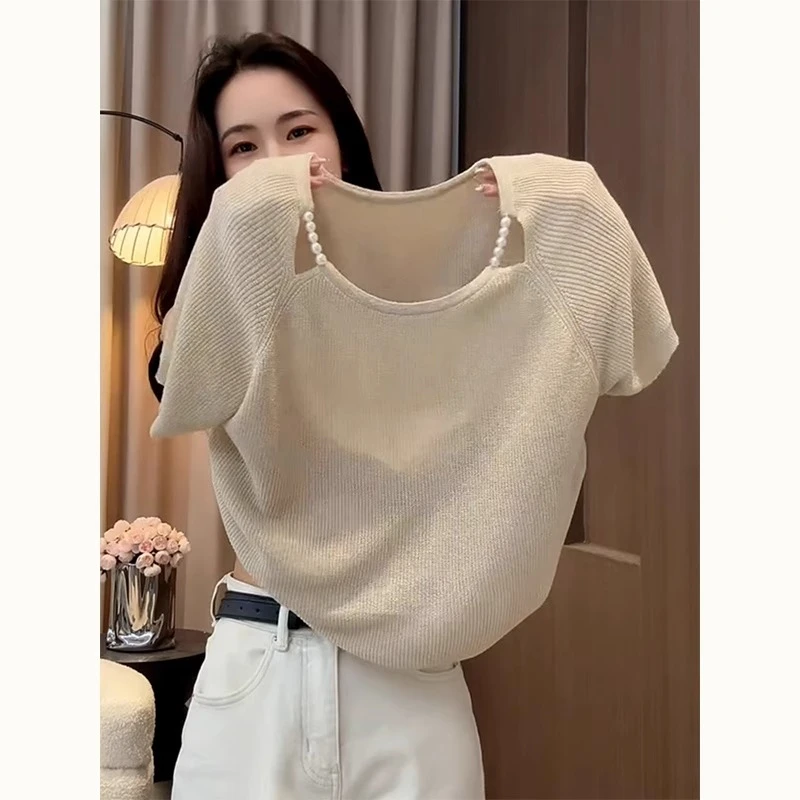 2025超火小个子独特漂亮上衣设计感小众时尚杏色针织短袖T恤女夏