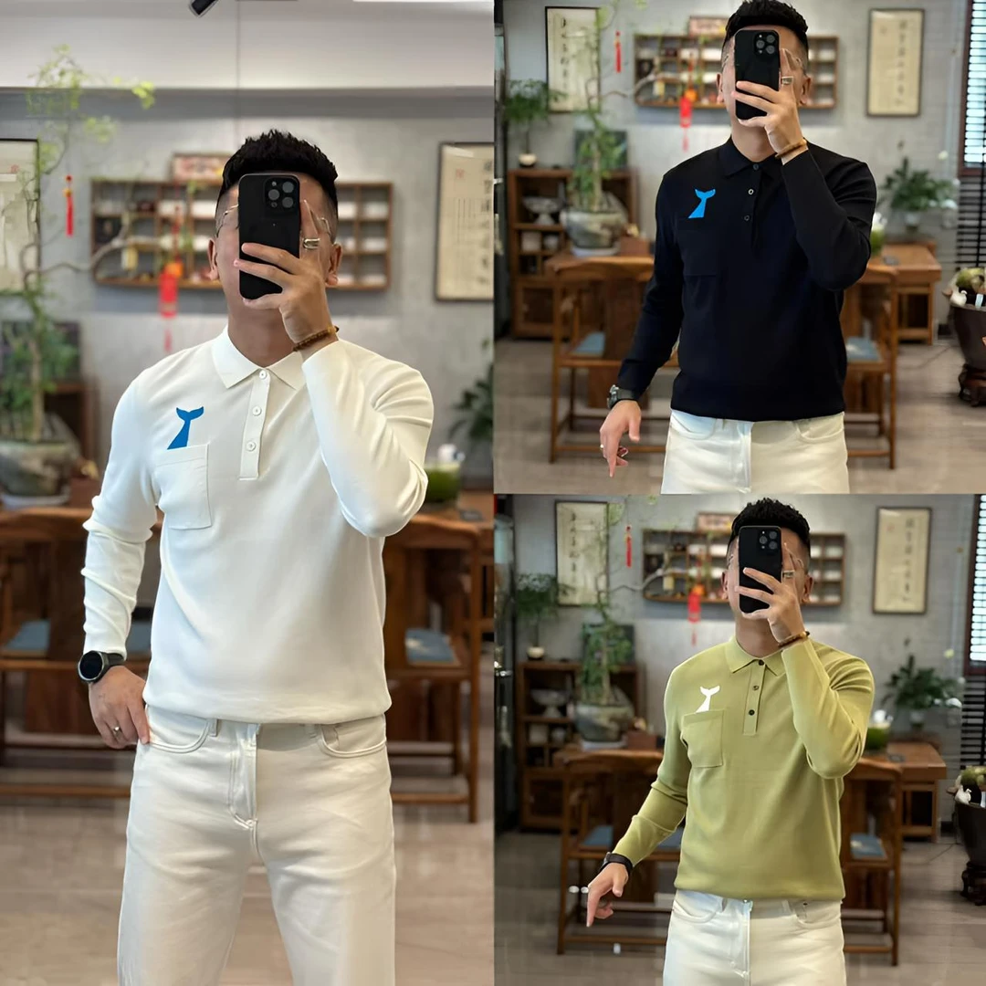 266121欧货秋季轻奢时尚桑蚕丝混纺撞色海豚男士长袖针织衫