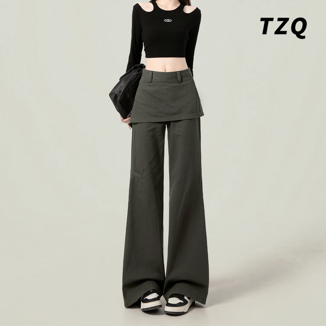 复古假两件设计感微喇工装裤女爆款春季宽松显瘦休闲裤女