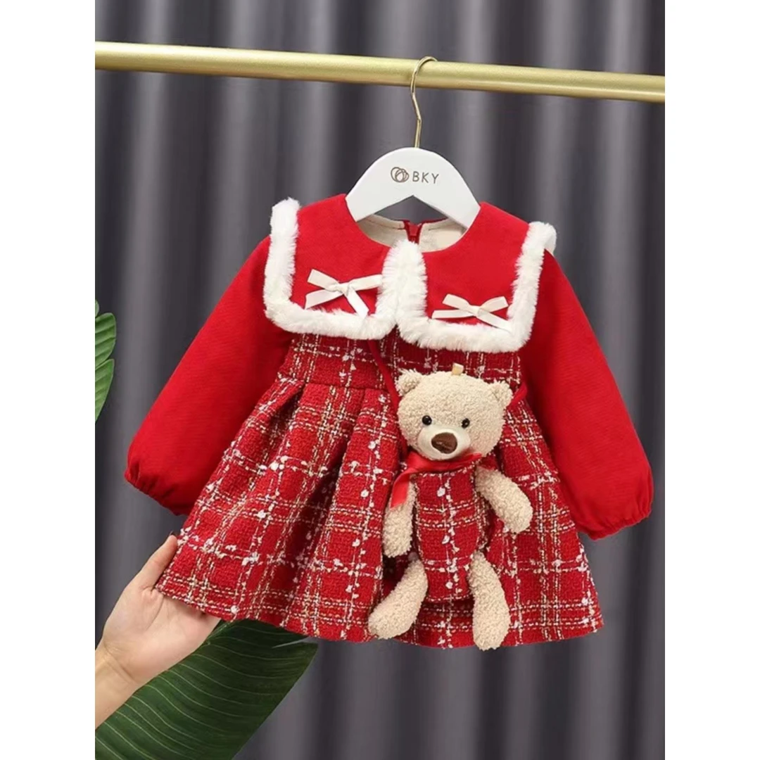 FAVMARTHA-拜年服女宝宝秋冬装2025新款洋气公主裙1岁女3童加绒连