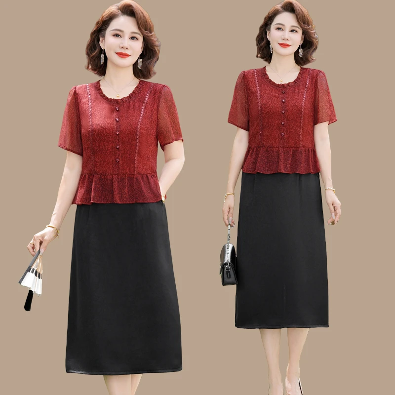 妈妈夏装连衣裙母亲节新款洋气质50岁中老年女夏季假两件裙子时尚