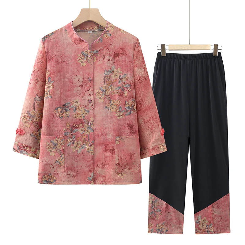 洋气国风中老年妈妈装套装女款中式夏季宽松老奶奶装七分袖两件套