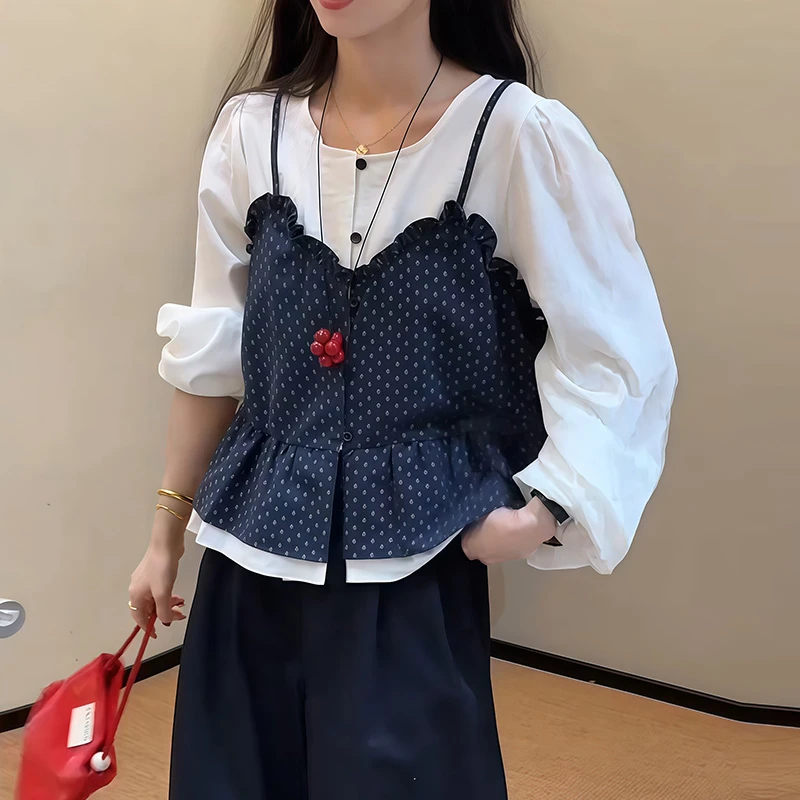 韩版时尚减龄波点吊带拼接设计感假两件衬衫女士2025秋季新款上衣
