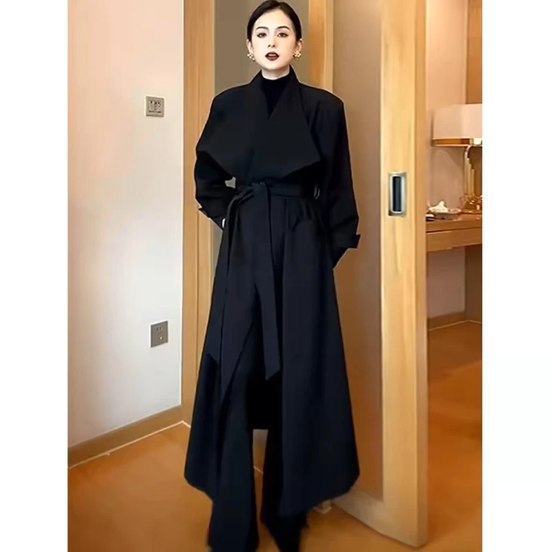 2025春季新款大翻领绑带过膝风衣外套女英伦风中长款宽松气质大衣