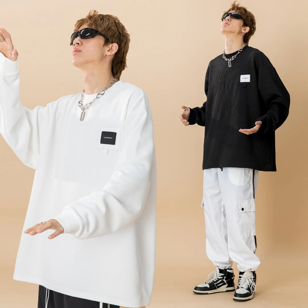 聪明陈 2023春夏简约华夫格贴布长袖圆领T恤男女上衣潮