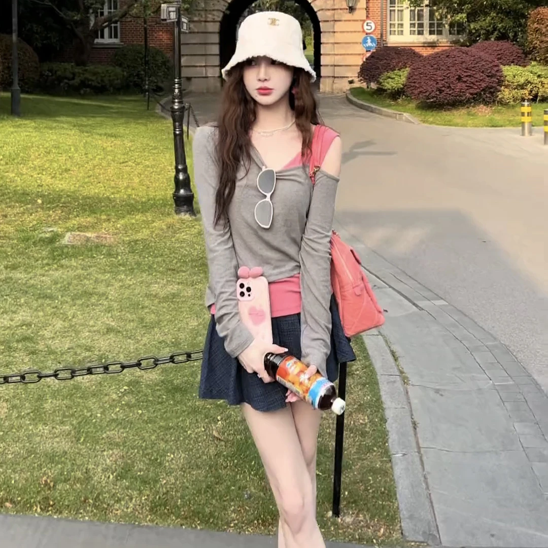 韩版时尚百搭显瘦拼色设计假两件上衣+A字牛仔短裙