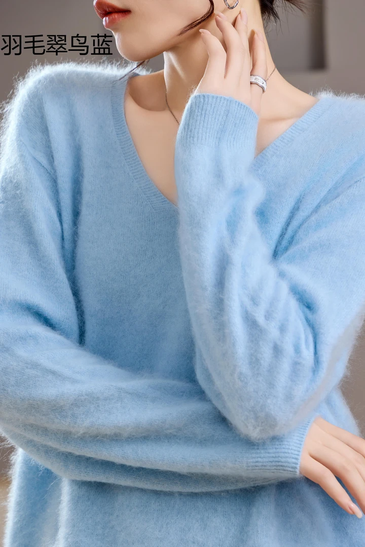 【绵羊毛+山羊绒】无缝羊毛衫女款秋冬V领毛衣拉毛工艺慵懒风LX672