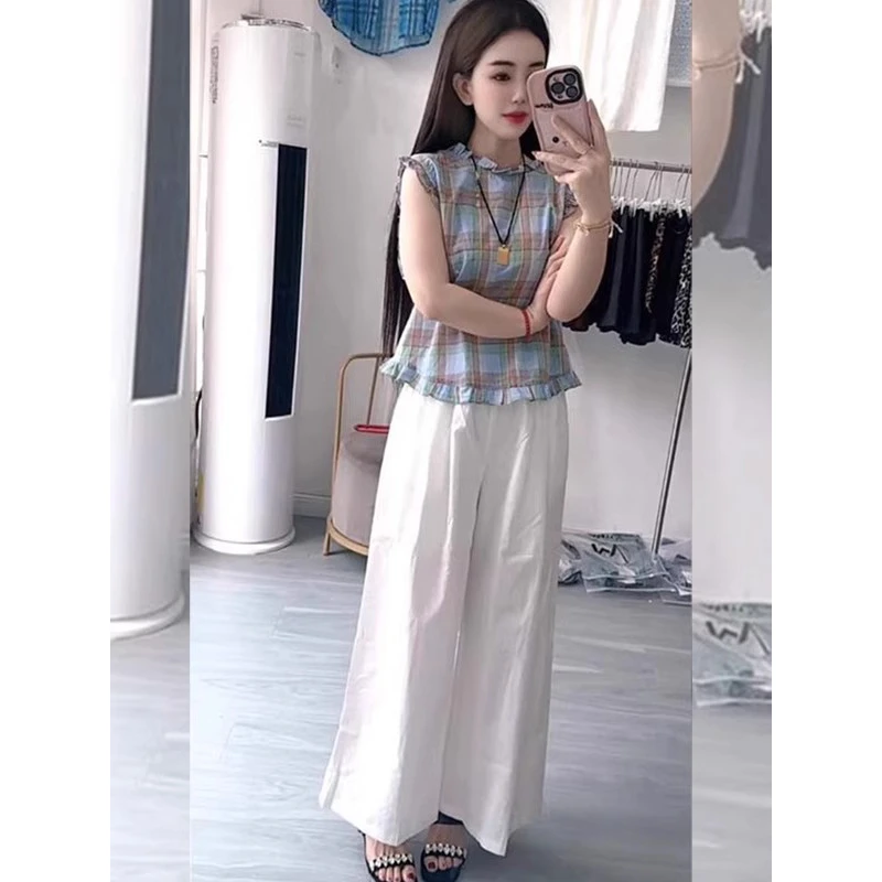 复古格纹木耳边无袖背心女夏季2025新款法式独特超好看绝美小上衣