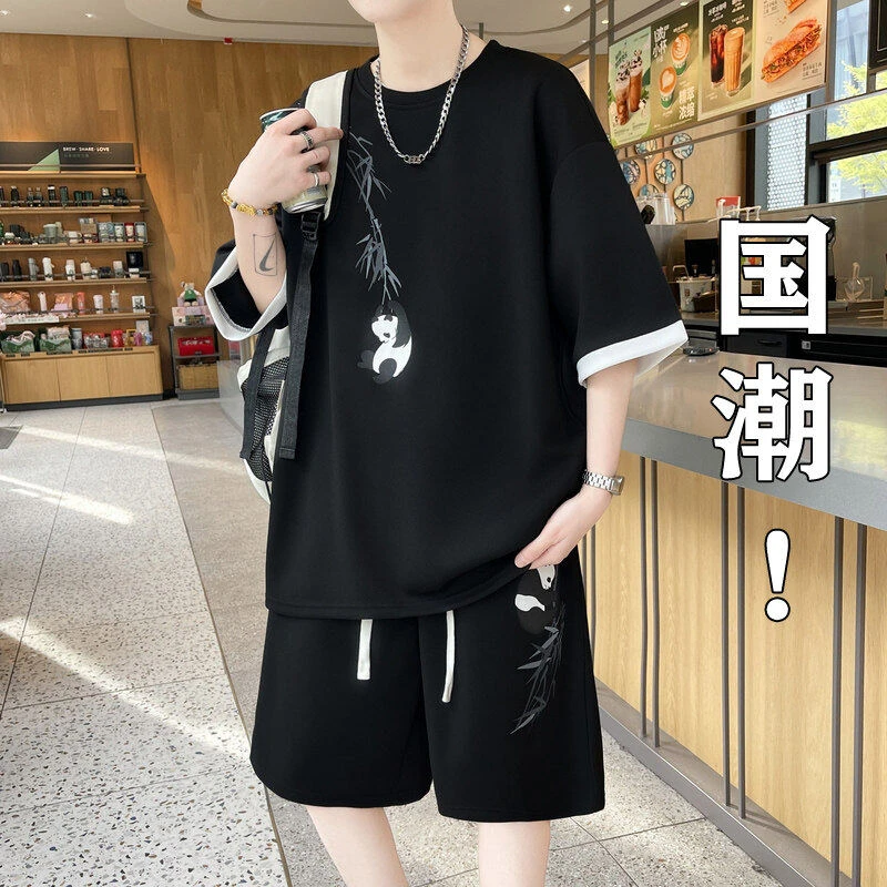 男士夏季薄款宽松休闲运动冰丝短袖短裤国风潮牌套装大码潮流