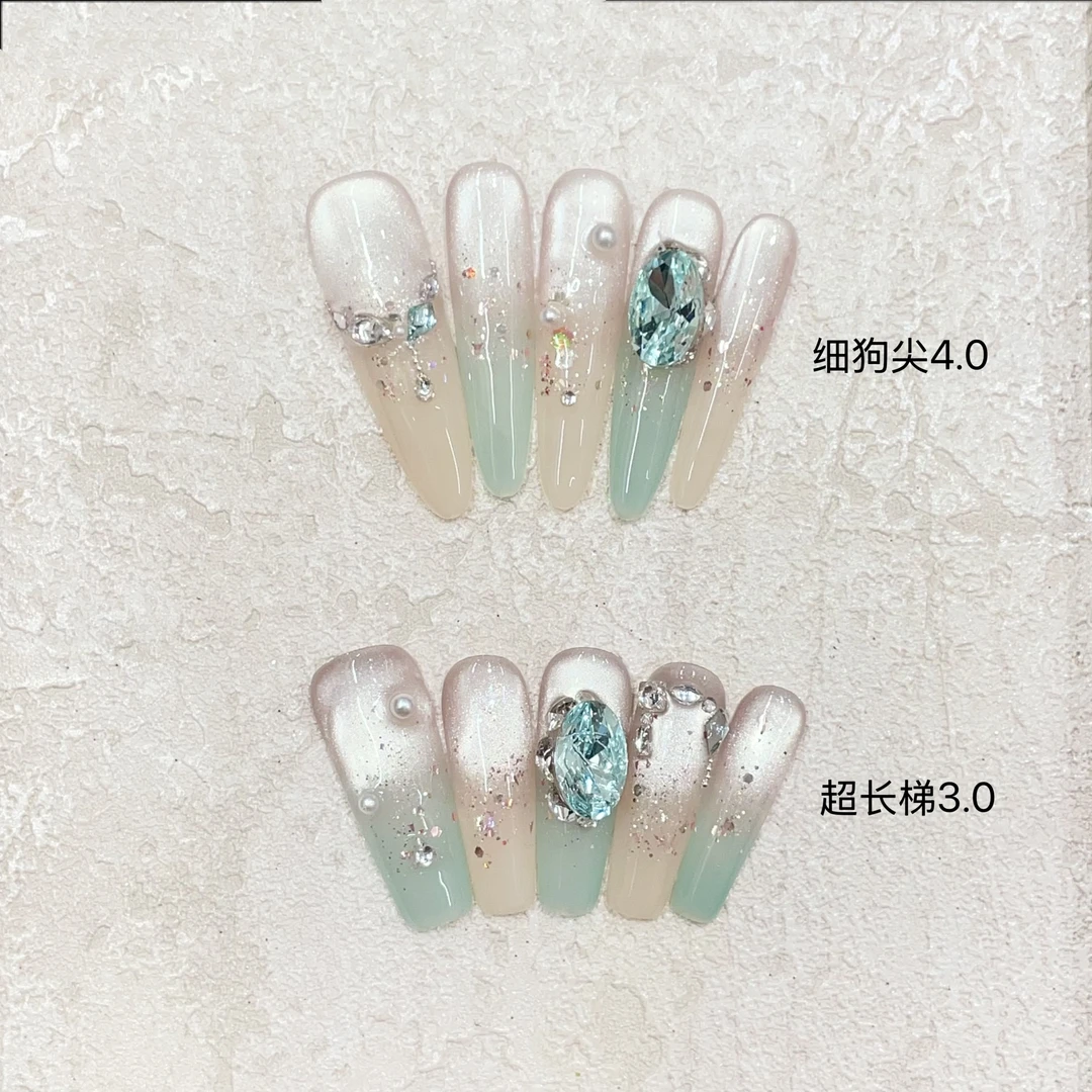 夏日青提薄荷绿跳色美甲渐变猫眼搭配绿钻高级感显白纯手工穿戴甲