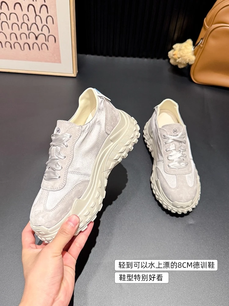牛皮~8CM小个子内增高德训鞋女夏季透气缎面休闲小白鞋厚底老爹鞋