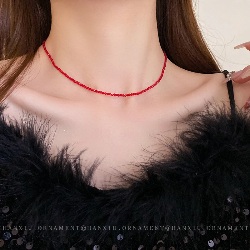 合金项链 AIER-新款红色小众串珠简约百搭锁骨链气质颈链