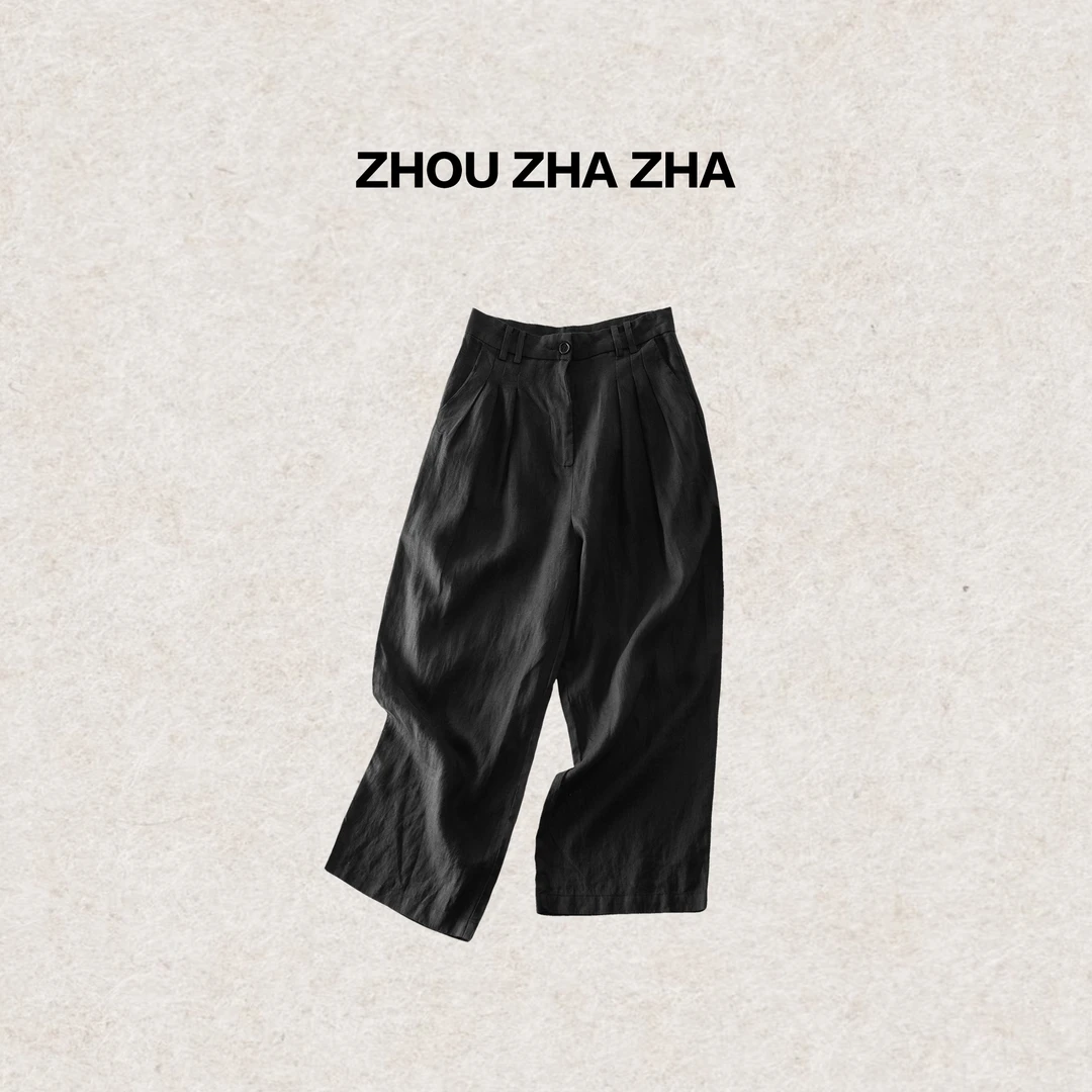 【周炸炸】全亚麻 高个子版复古高级感纯色垂感薄款休闲裤#252050-A