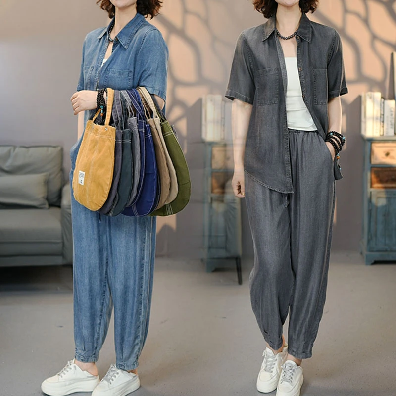 520-362套装2025夏季新款天丝短袖衬衫裤子百搭上衣九分裤