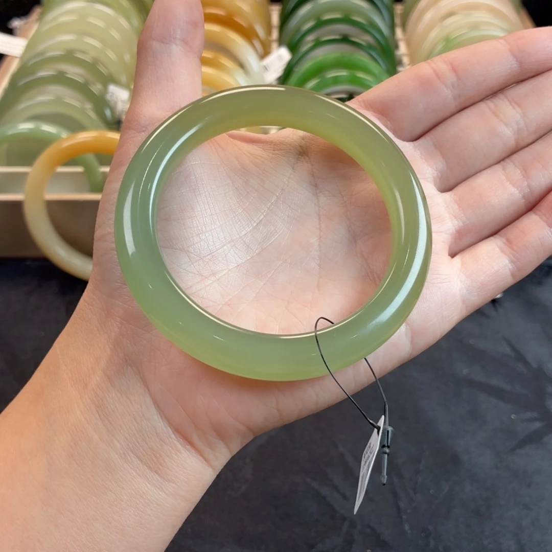 和田玉未镶嵌手镯-特色渐变冰底半山水绿葡萄肉➕茶晴11