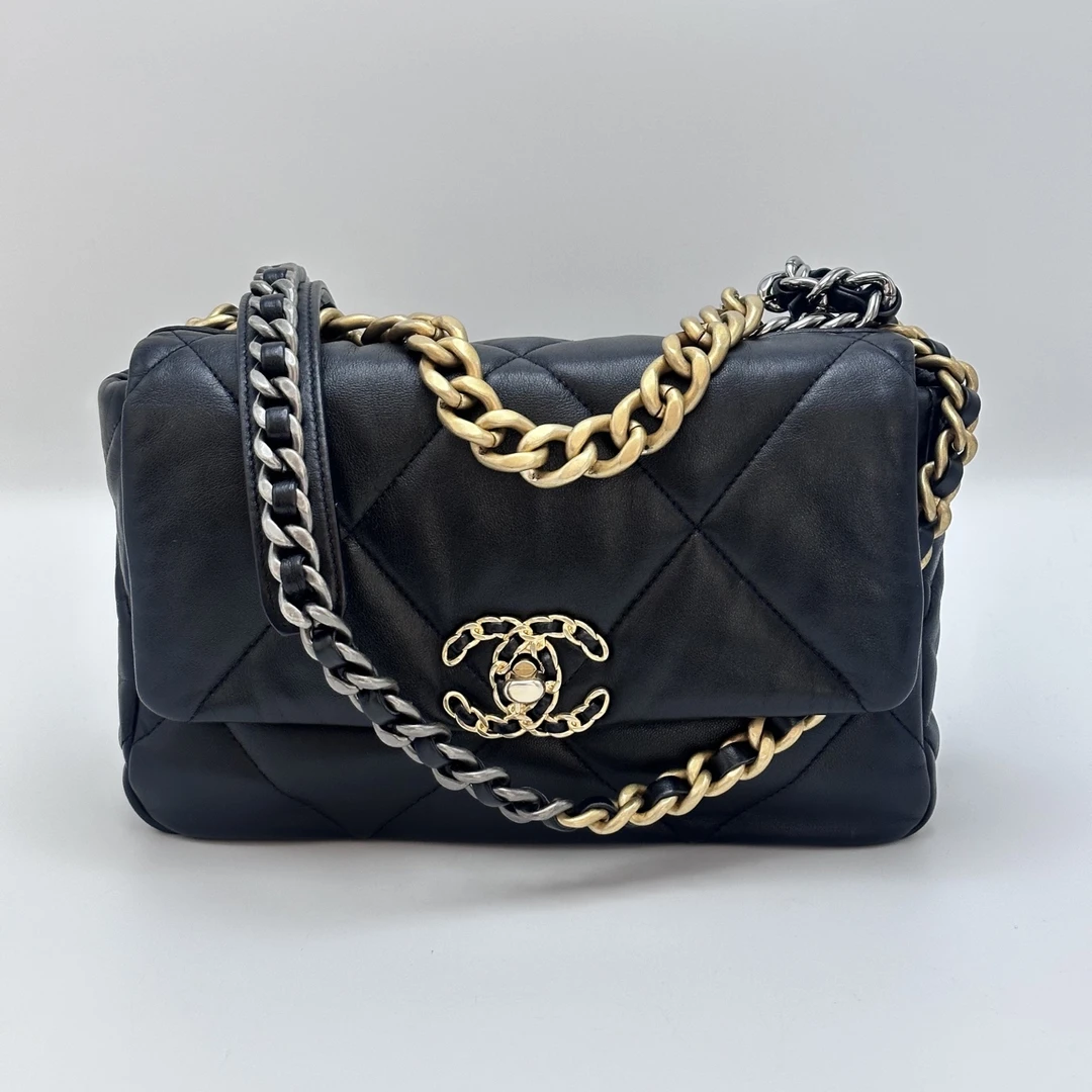 95新 Chanel/香奈儿 19bag黑金小号手提单肩斜挎包 31663
