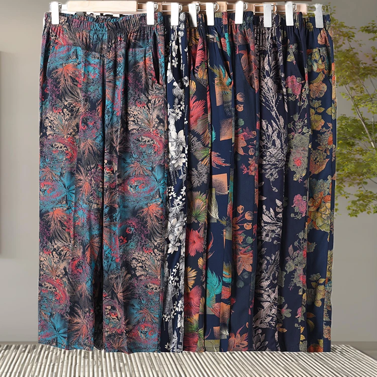 人造棉薄款凉爽碎花图案九分裤中老年女装薄款休闲女裤宽松夏季