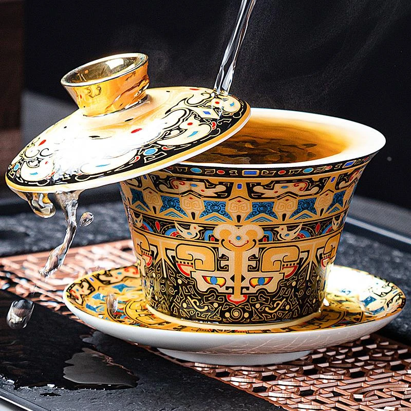 苏泊尓网红360度可旋转悬停三才盖碗珐琅彩大师手作茶具泡茶器茶