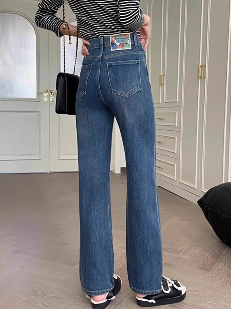 秋季新款蓝色弹力直筒牛仔裤女大码胖妹妹梨形身材显瘦阔腿长裤子