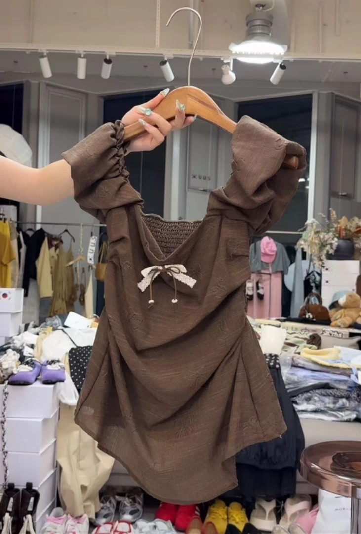 气质蝴蝶结泡泡袖衬衫女高级感显瘦百搭方领一字肩肌理感上衣#610