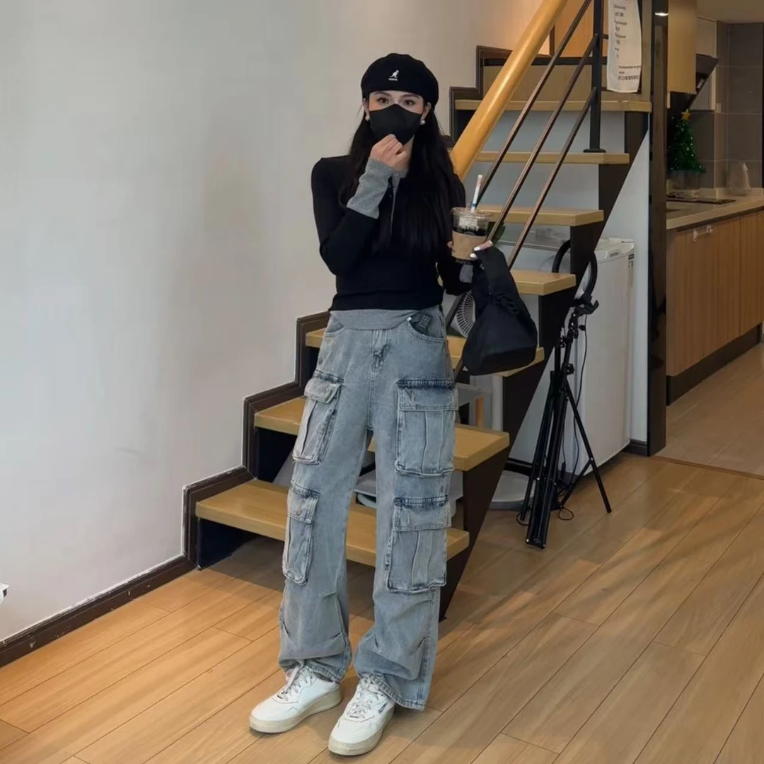 150小个子美式色高街时尚直筒牛仔裤女多口袋显瘦休闲宽松拖地裤