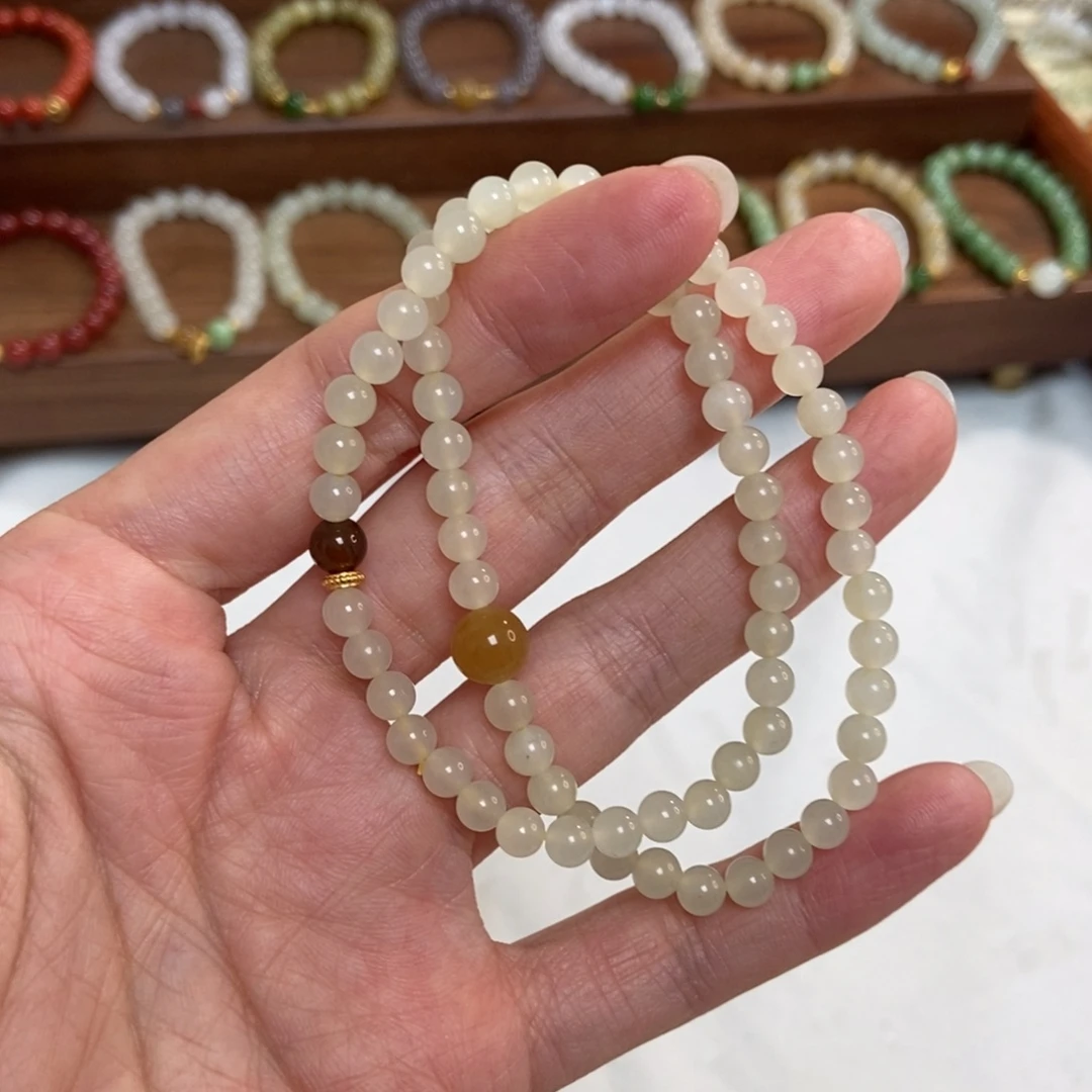 和田玉银S925镶嵌手链福利5mm蜂蜜水双圈