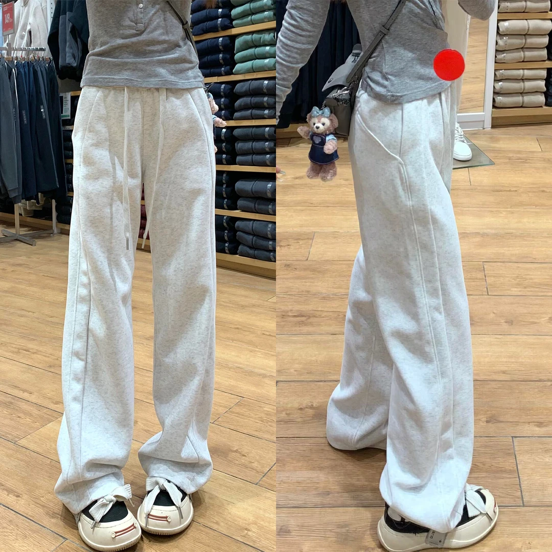 白灰色美式运动裤女春秋夏休闲高腰显瘦小个子lulu卫裤宽松阔腿裤