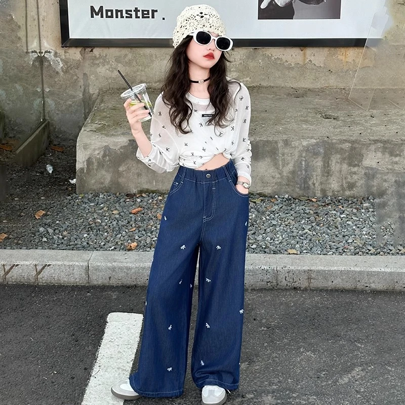 女童牛仔裤夏装2025新款深蓝蝴蝶结长裤女大童洋气韩范阔腿裤衣服