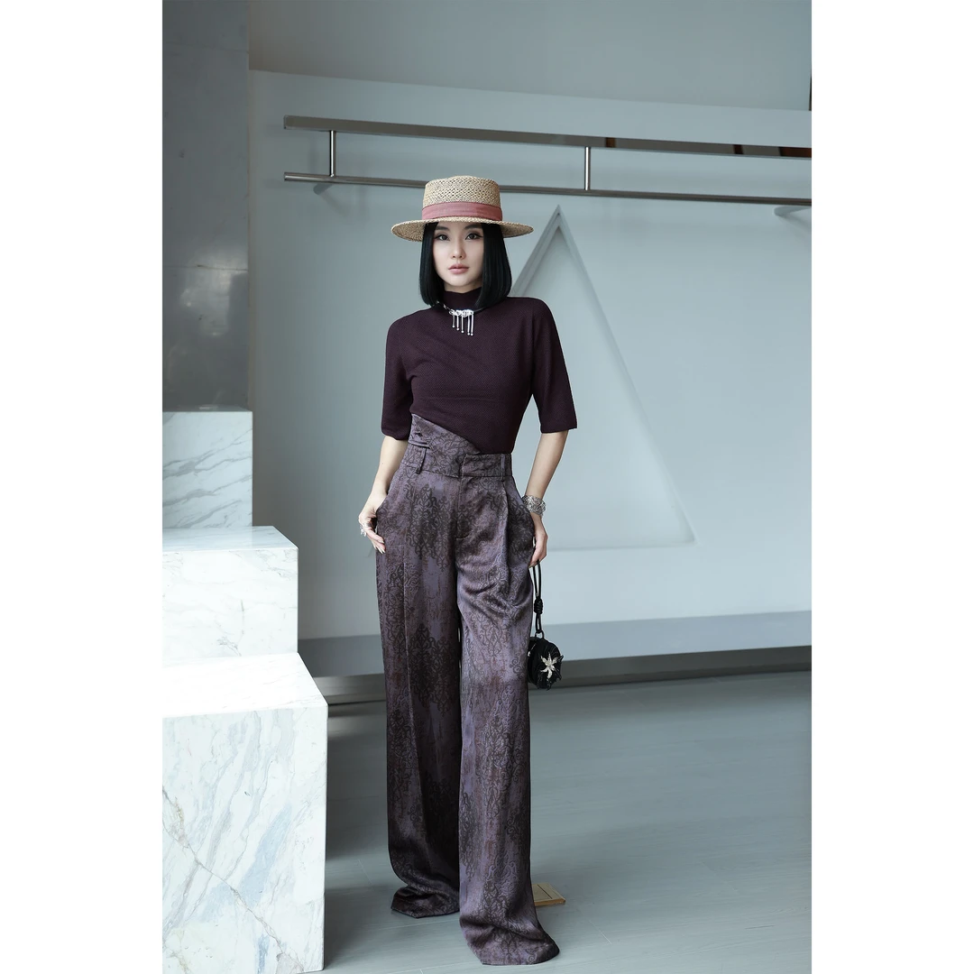 【妙妙精选】HUANGNAJI紫雾迷踪-时尚气质设计感印花长裤1314