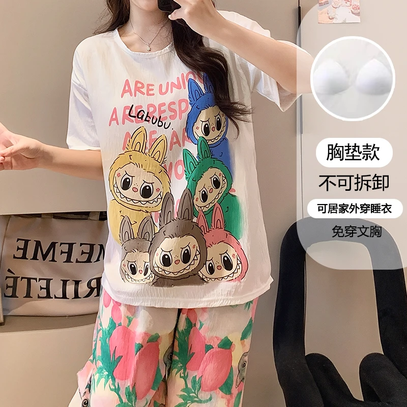带胸垫卡通短袖长裤可外出睡衣女夏季休闲简约睡衣家居服套装305