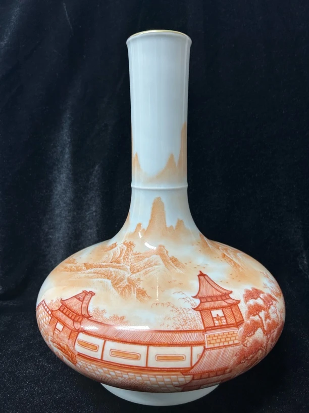 矾红山水阁楼天球瓶