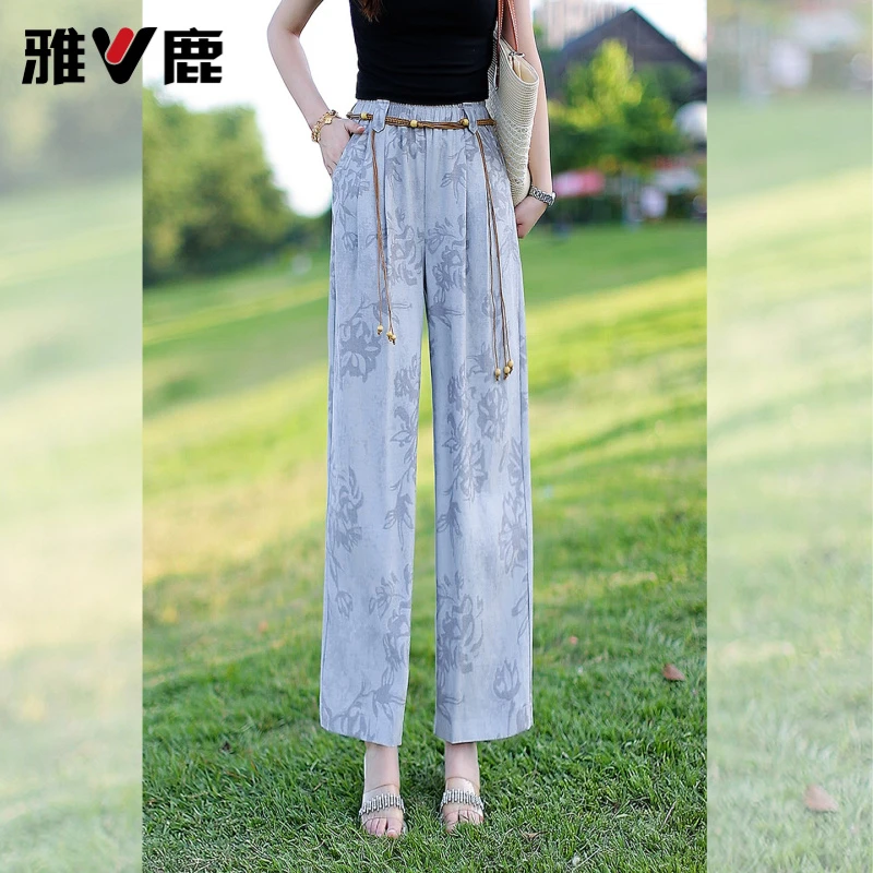 V/雅鹿天丝亚麻田园风印花阔腿裤女2025夏新款薄款垂坠显瘦休闲裤