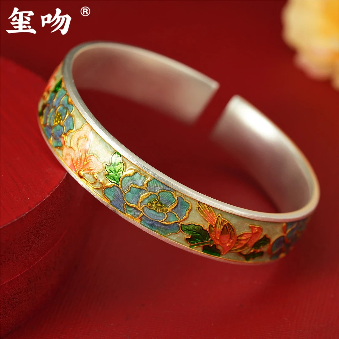 足银手镯 【玺吻】足银999.9 国风描金景泰蓝足银蝶恋花手镯-宽13mm