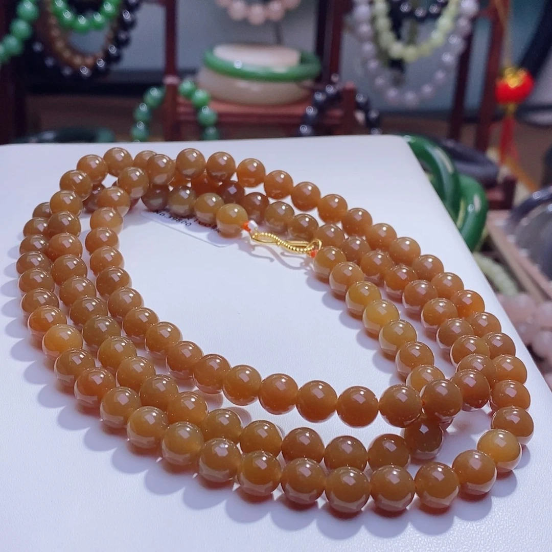 和田玉未镶嵌颈饰收藏级新疆且末红糖老矿料高冰珠链8m