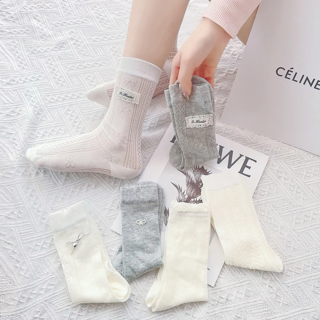 【春夏大爆款】603夏季直筒堆堆两穿百搭白灰色系组合中筒饰品女袜