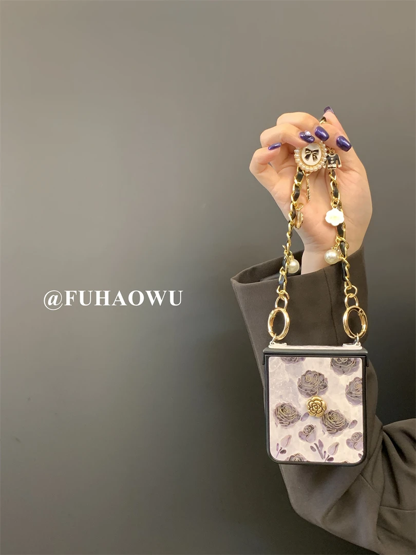 适用荣耀magicvflip手机壳摩托罗拉razr50ultra时尚描边黑玫瑰花