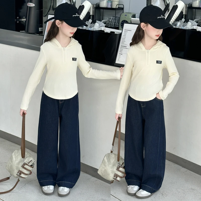 女童套装春秋款2025新款春秋大童休闲卫衣儿童秋装连帽上衣牛仔裤