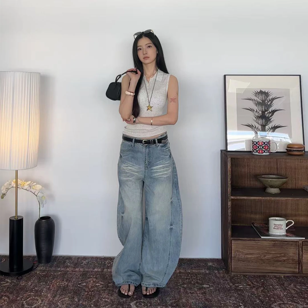 小ban 美式复古高街休闲水洗磨破感猫须牛仔裤2025宽松直筒裤