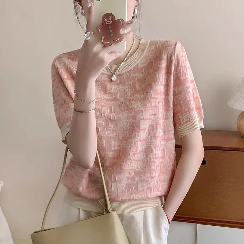 设计感正肩短袖t恤女2025年夏季新款宽松显瘦小众针织衫半袖上衣