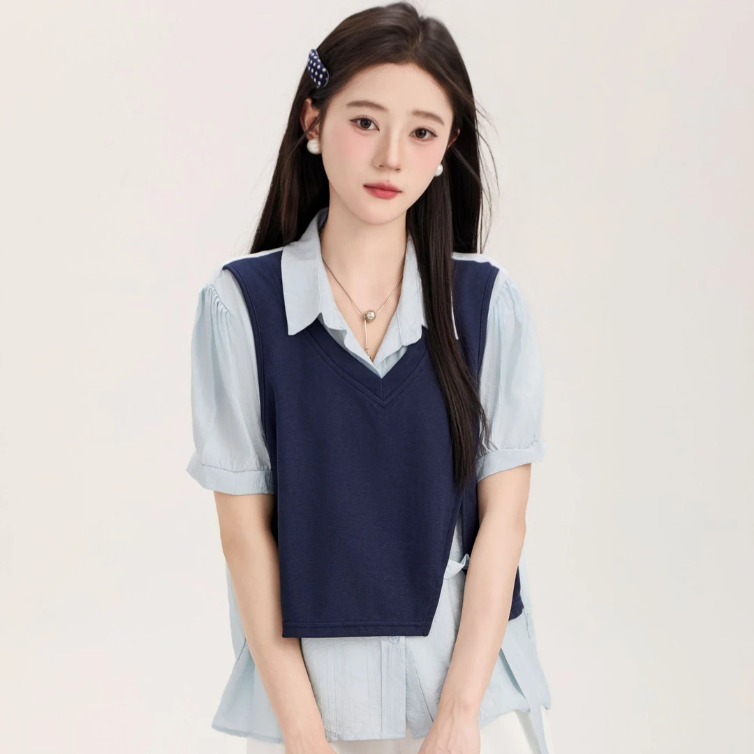 慕兔法式设计感拼接气质假两件上衣2025夏季新款百搭显瘦气质短袖