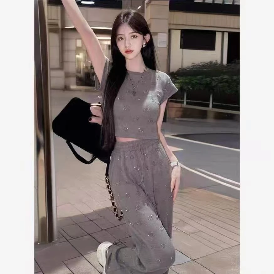 泫雅风洋气烫钻两件套女2025夏季短袖T恤高腰阔腿裤气质休闲套装