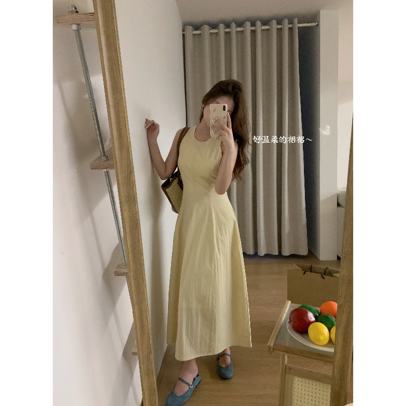 J-3211#韩系气质收腰多巴胺掐腰连衣裙（裙+包包+头花）